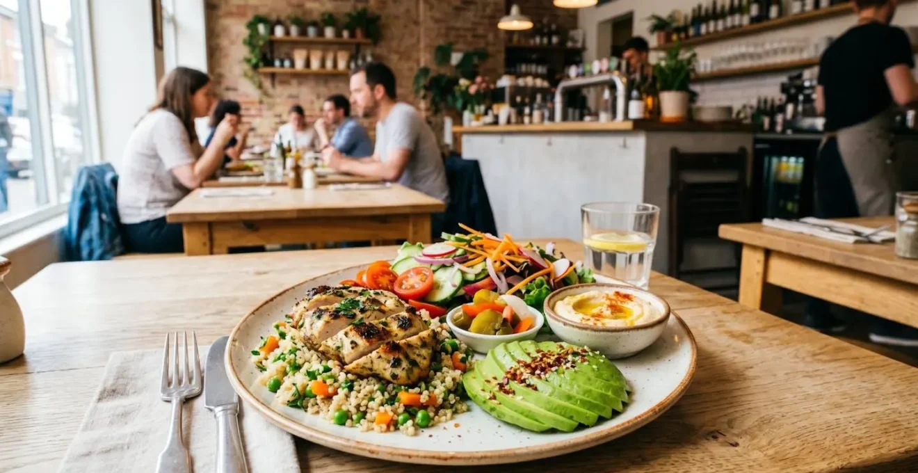 Assiette colorée composée de protéines, légumes croquants et féculents, posée sur une table en bois dans un cadre de restaurant lumineux