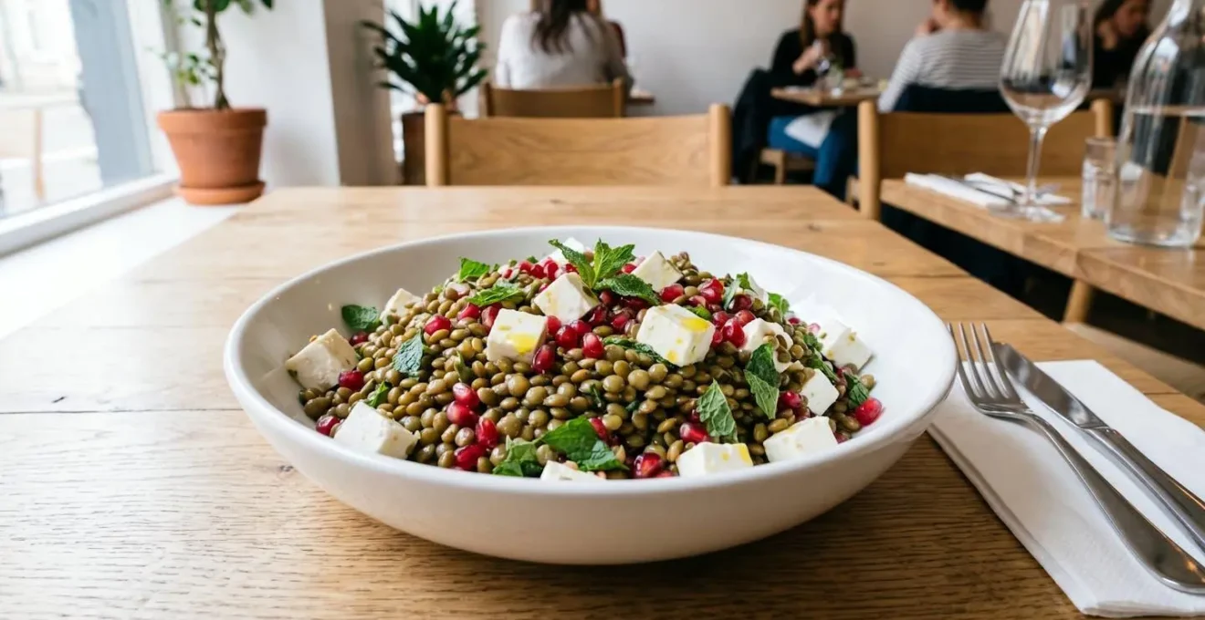 Bol blanc rempli de salade de lentilles vertes, morceaux de feta blanche et grains de grenade rouge, herbes fraîches visibles