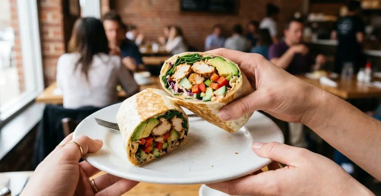Wrap au poulet et avocat coupé en deux, garniture visible, tenu par deux mains au-dessus d'une assiette blanche